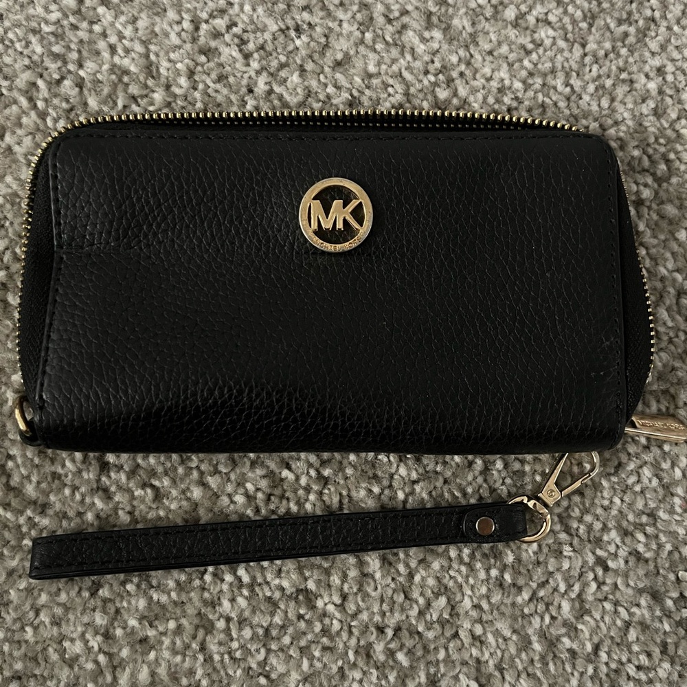 Michael Kors Black Leather Wristlet with Gold Logo